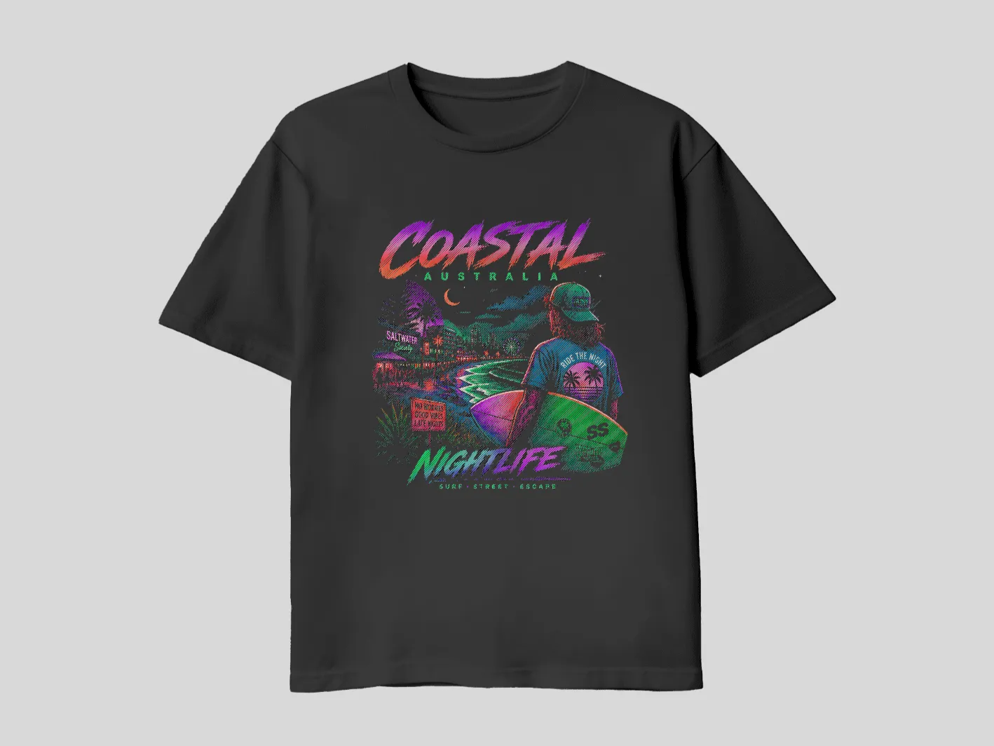 Coastal Australia Nightlife Graphic T-Shirt with Surfer Illustration