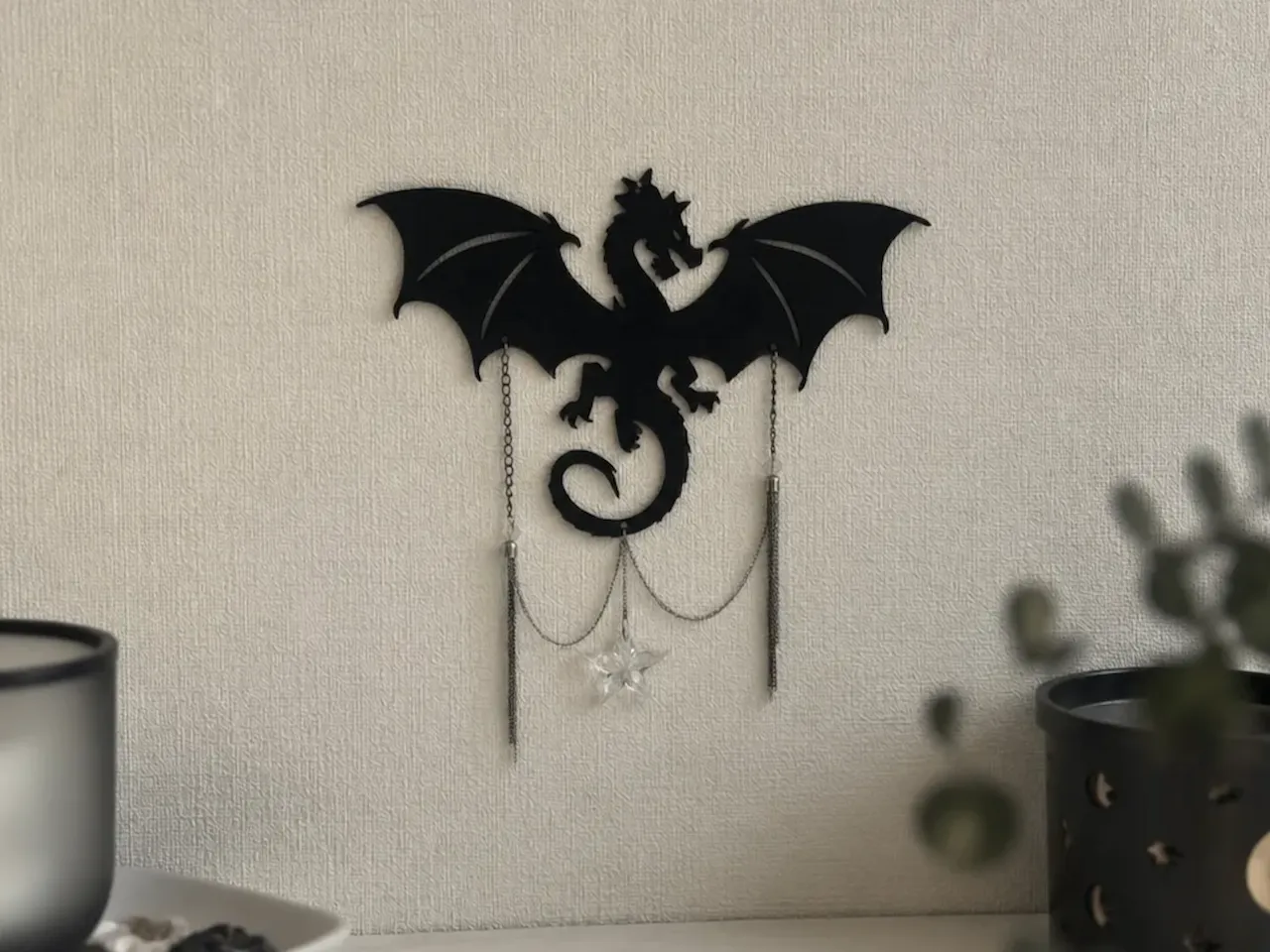 [Laser cut and engrave] Black Dragon Wall Hanging with Hanging Chains and Star Charm