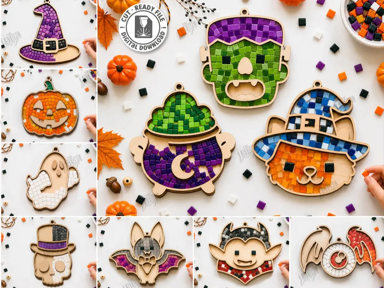 [Laser cut and engrave] Halloween Mosaic Ornament Set Featuring Spooky Characters and Symbols Laser Cut Bundle. Halloween Characters