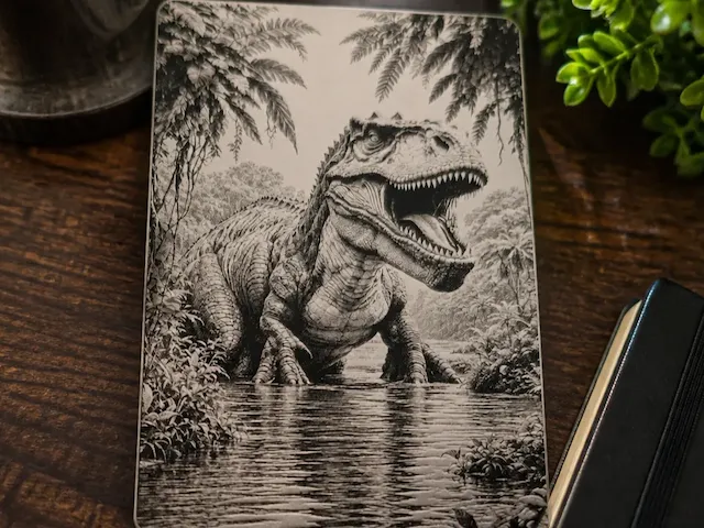 T-Rex Dinosaur in Jungle River Metal Art Print