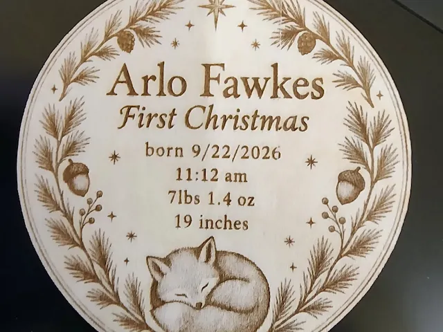 Baby First Christmas Keepsake Ornament with Fox and Birth Details