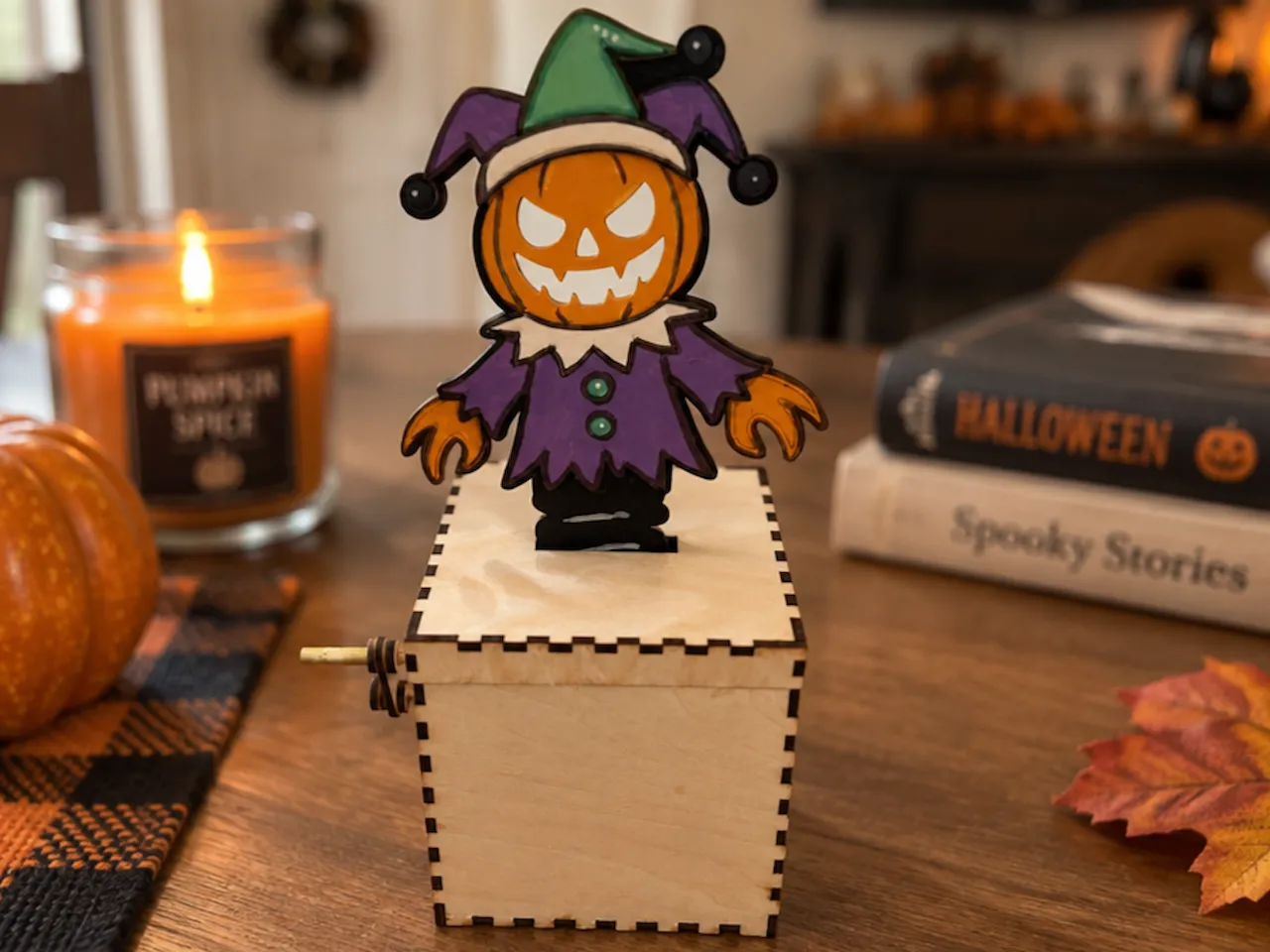 [Laser cut and engrave] Working Jack-in-the-box with Jester Pumpkin Character