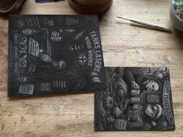 Square ceramic coasters with detailed holiday and workshop illustrations