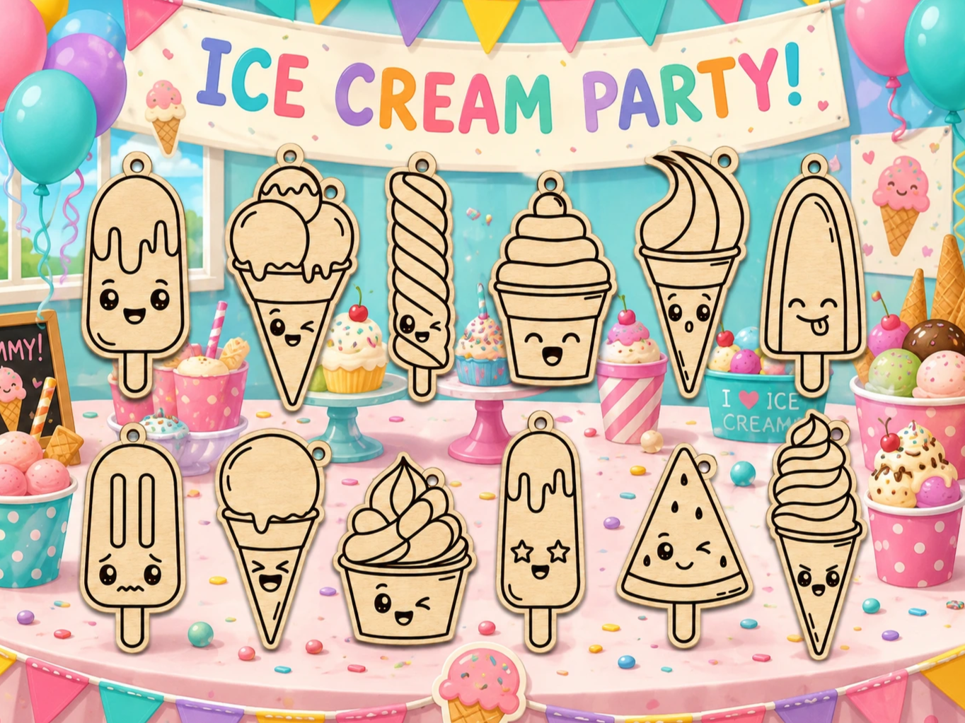 Kawaii Ice Cream Keychains SVG Bundle | Cute Backpack, Bag & Key Charms | Laser Cut Summer Accessories | Glowforge xTool Files