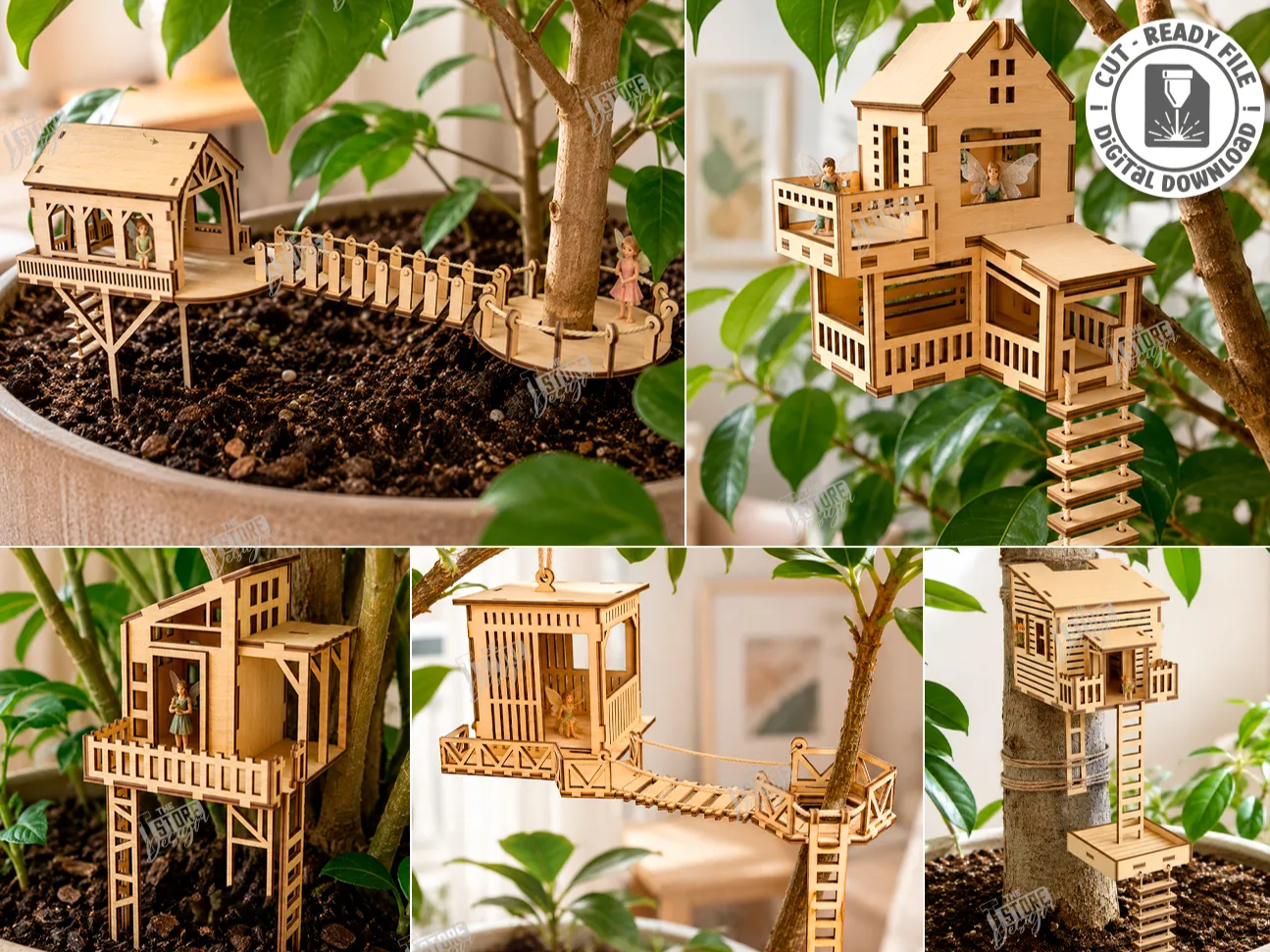 Miniature Wooden Fairy Treehouse with Suspension Bridge for Potted Plants Laser Cut Bundle. Home Decor. Home Garden