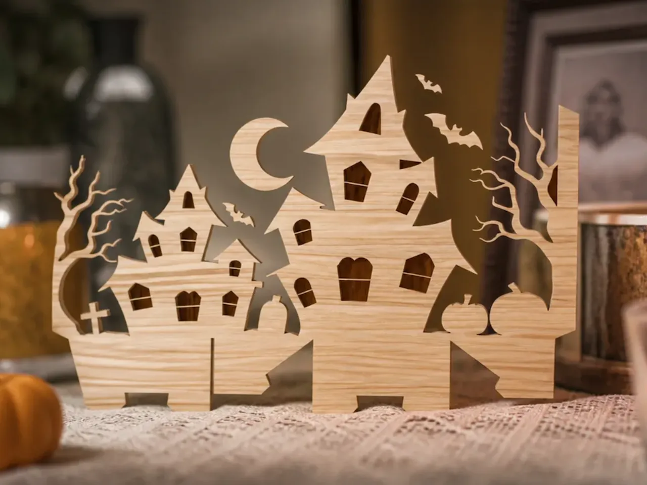 [Laser cut and engrave] Wooden Haunted House Tabletop Silhouette for Halloween Decor