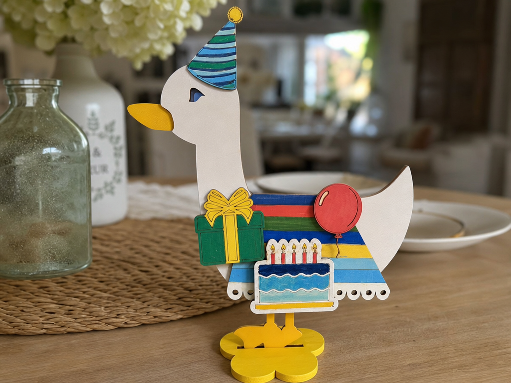 Birthday Goose Tabletop Figure with Party Hat and Cake