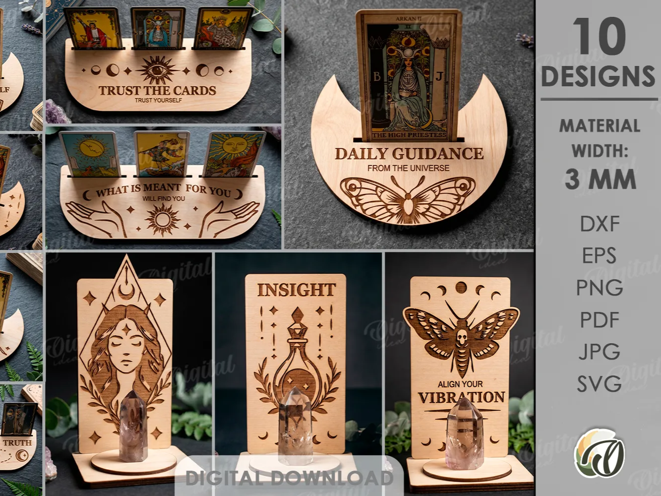 3D Tarot cards holder. Witchy stand laser cut. Celestial card of the day holder. Spiritual. Esoteric. Crystal altar display svg