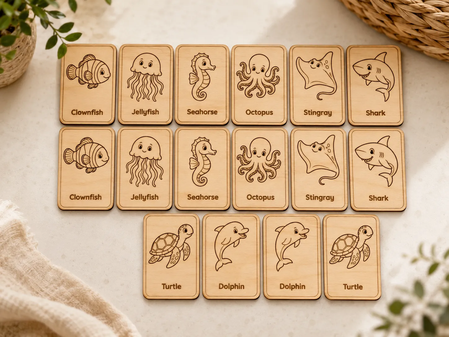 Underwater Animals Montessori-Inspired Wooden Matching Cards | 8 Pair Animal Memory Game