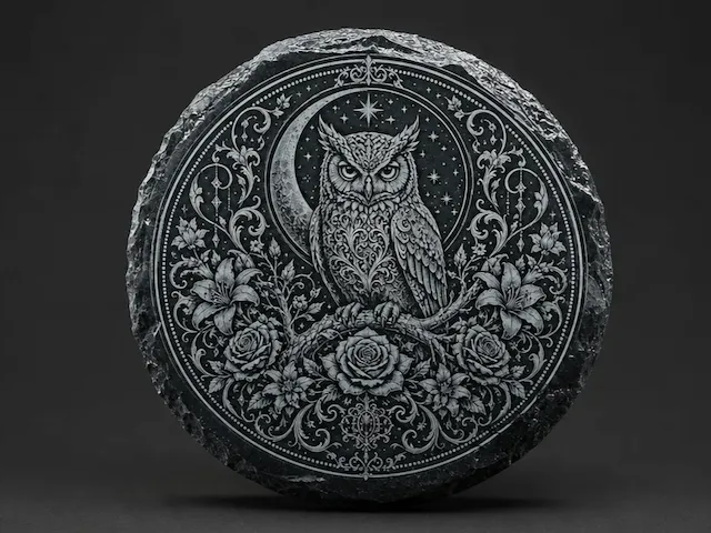 Round Slate Plaque Featuring an Owl with Crescent Moon and Floral Filigree