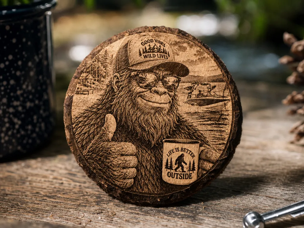 Bigfoot Wearing Sunglasses and Hat at the lake with Ski Boat on Slate Slice Coaster