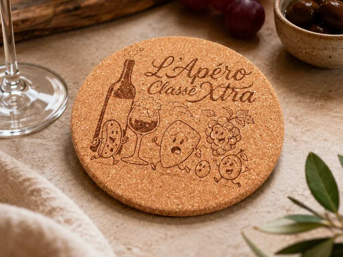 Sous-verre en liège rond avec motif apéritif L'Apéro Classé Xtra