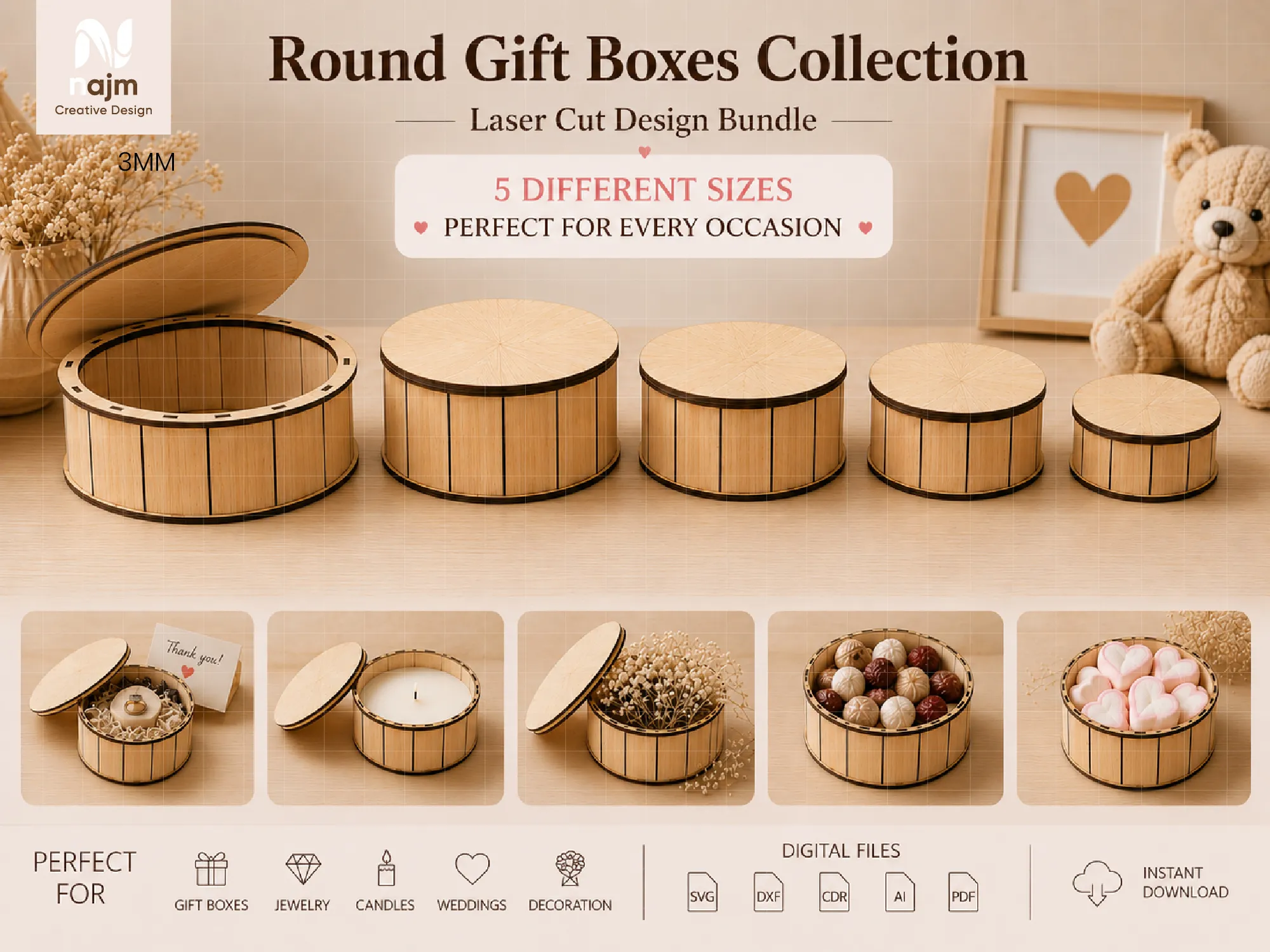 Set of Five Round Wooden Storage Boxes with Lids