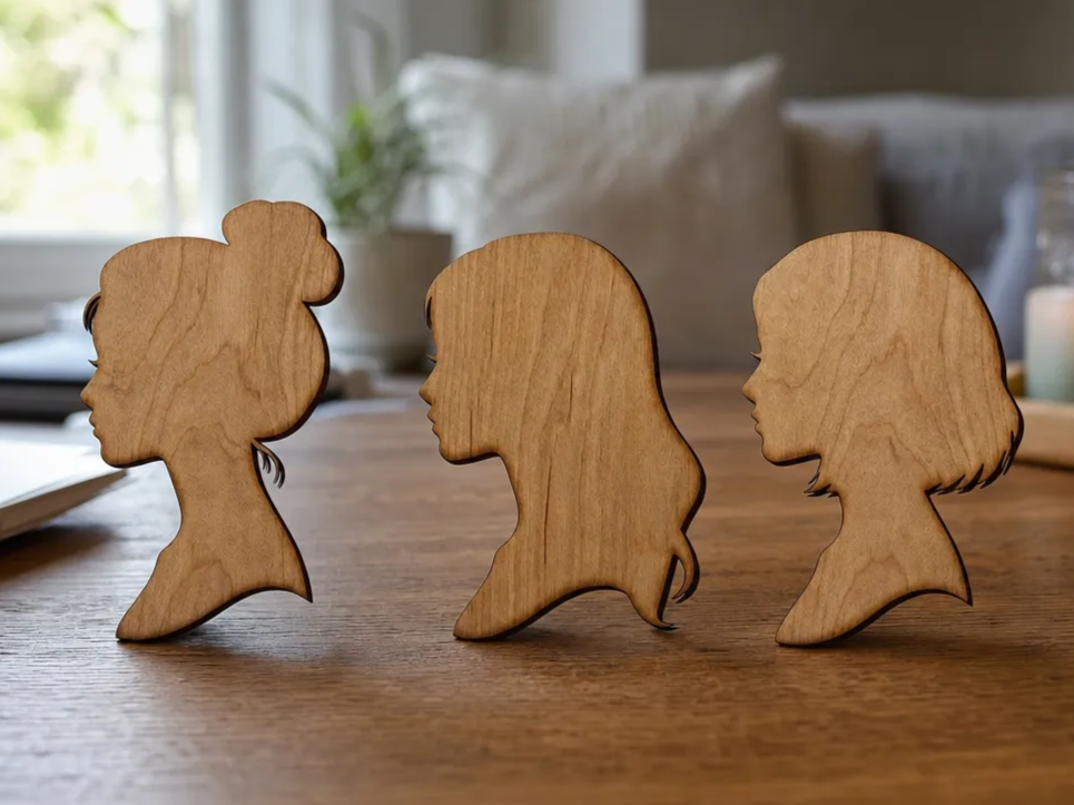 Wooden female profile silhouettes with various hairstyles