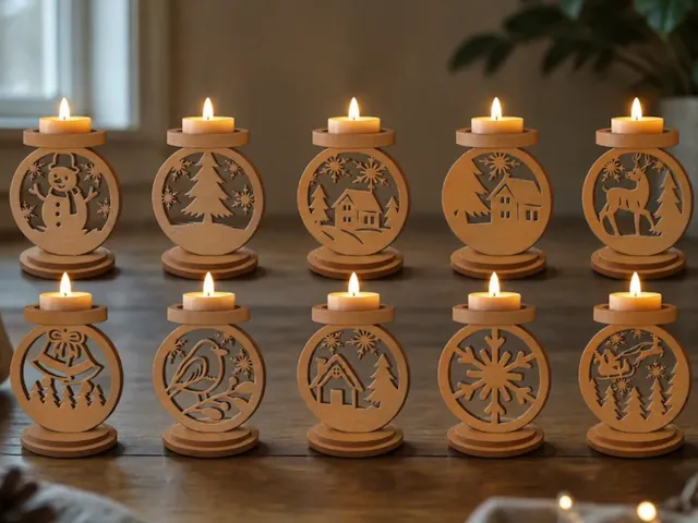 Set of Ten Wooden Christmas Tea Light Candle Holders with Holiday Motifs