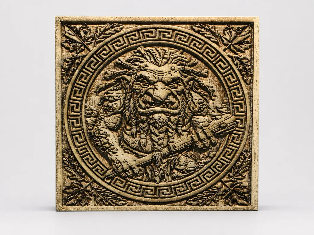 Square Wall Plaque Featuring a Mythological Troll with Greek Key Border