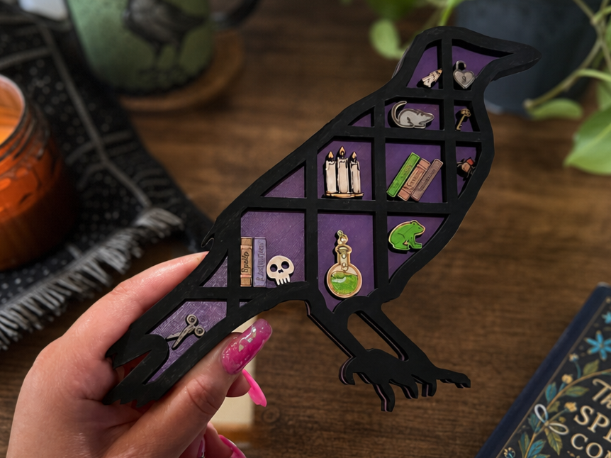 Raven Shaped Wall Shelf with Miniature Witchy Trinkets