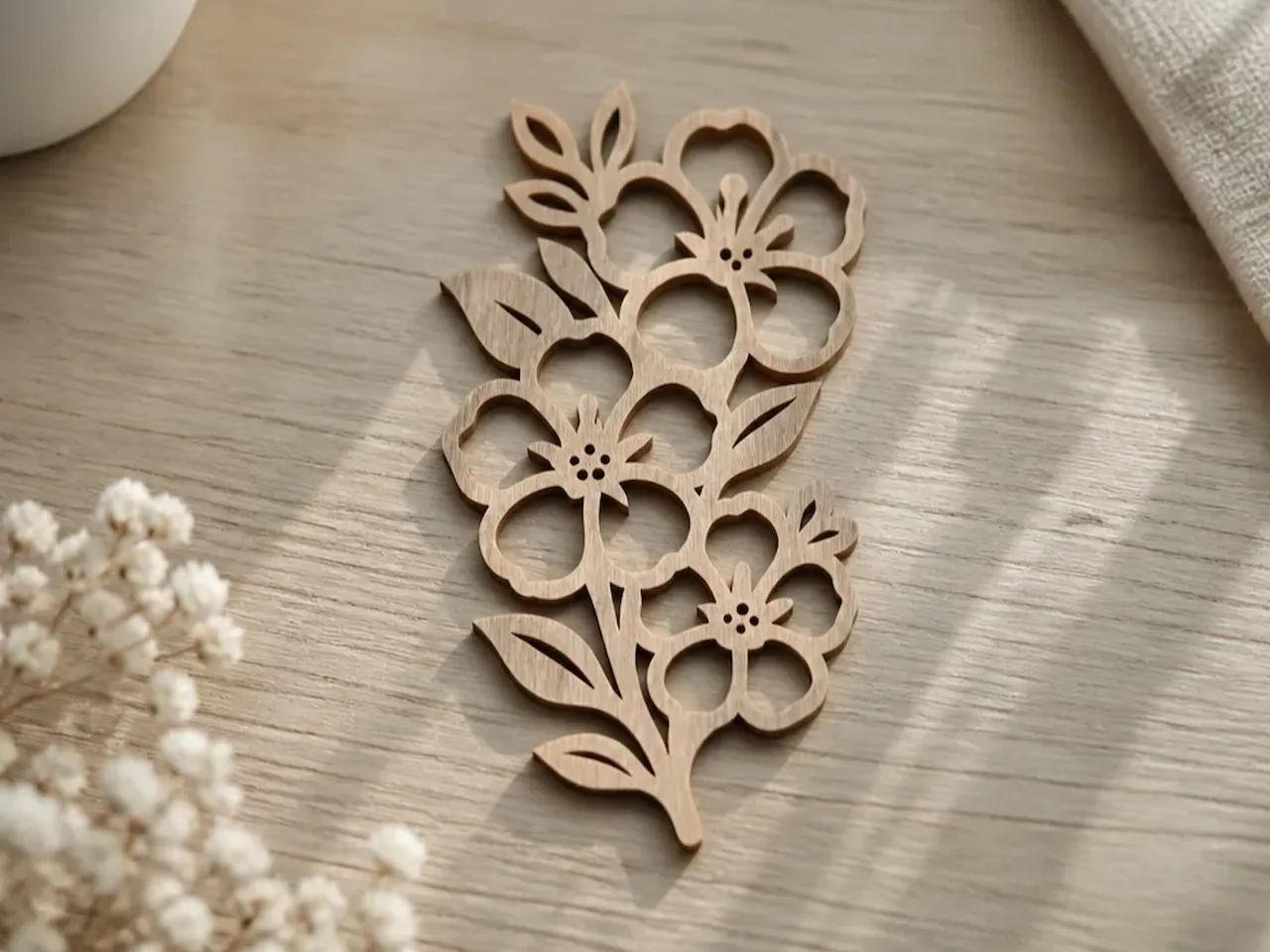 [Laser cut and engrave] Floral Motif Wooden Wall Art Cutout