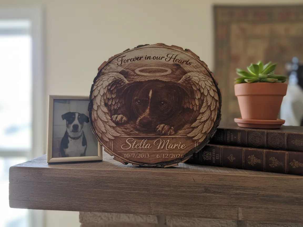 Pet Memorial Wood Slice Plaque with Angel Wings and Name