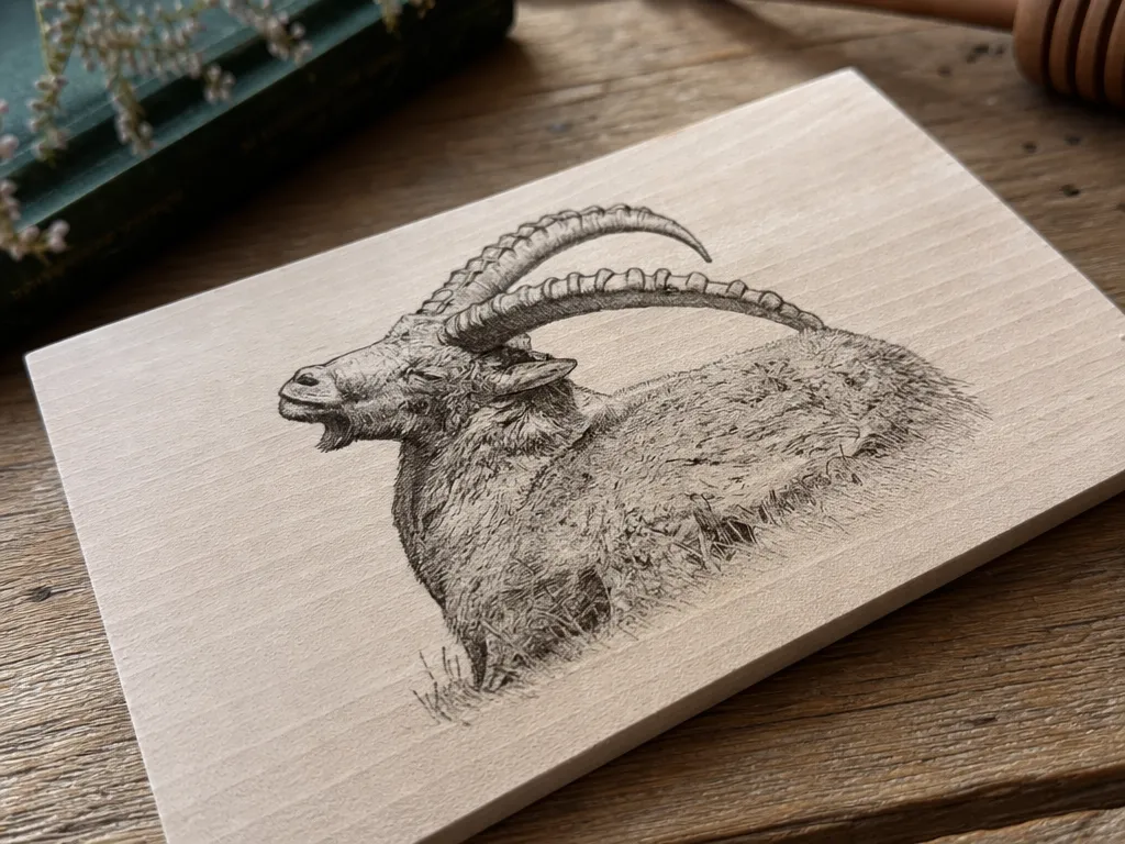 Holzbild mit detaillierter Steinbock Illustration