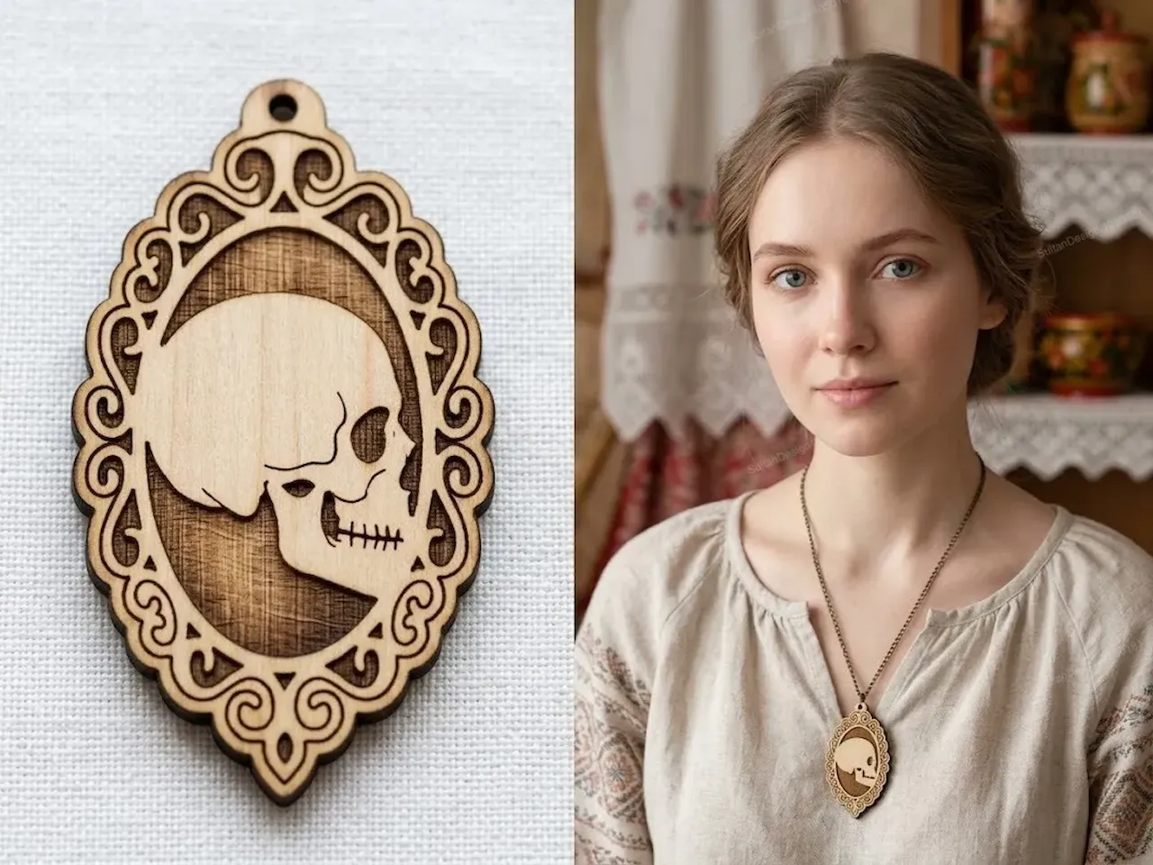 [Laser cut and engrave] Skull Cameo Pendant with Ornate Filigree Frame