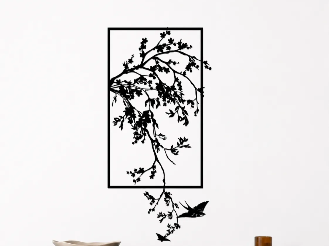 Rectangular Wall Art Featuring Cherry Blossom Branch and Flying Birds