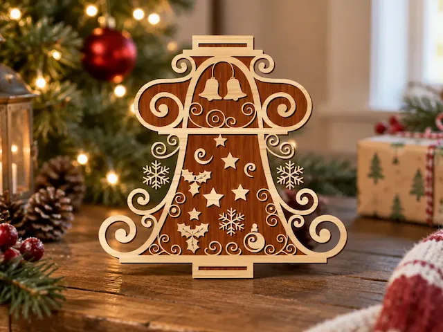 Decorative Wooden Christmas Bell Tabletop Ornament with Snowflake and Star Accents