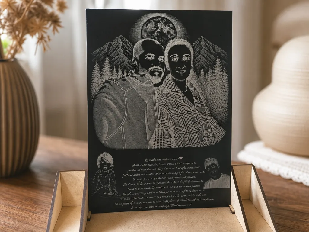 Personalized Family Portrait Plaque with Mountain and Moon Landscape