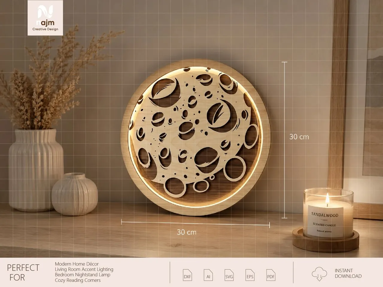 [Laser cut and engrave] Circular Moon Surface Wall Light with Warm Backlit Glow