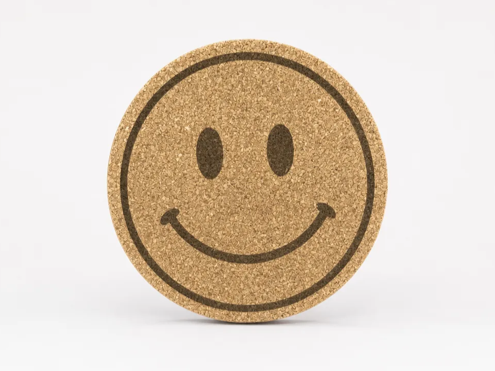 Round Cork Coaster with Smiley Face Design