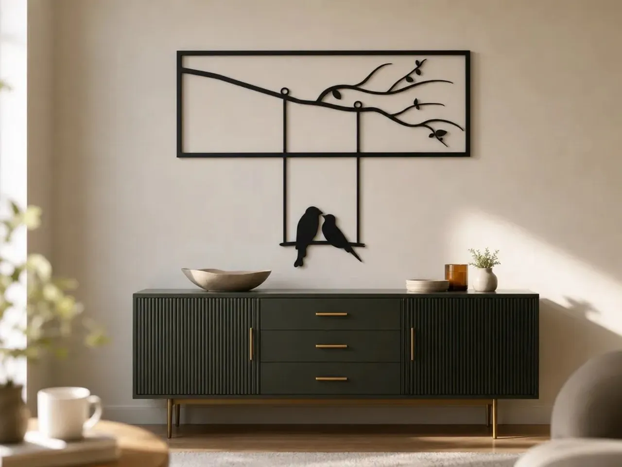 [Laser cut and engrave] Black Metal Wall Art Featuring Two Birds on a Swing Branch