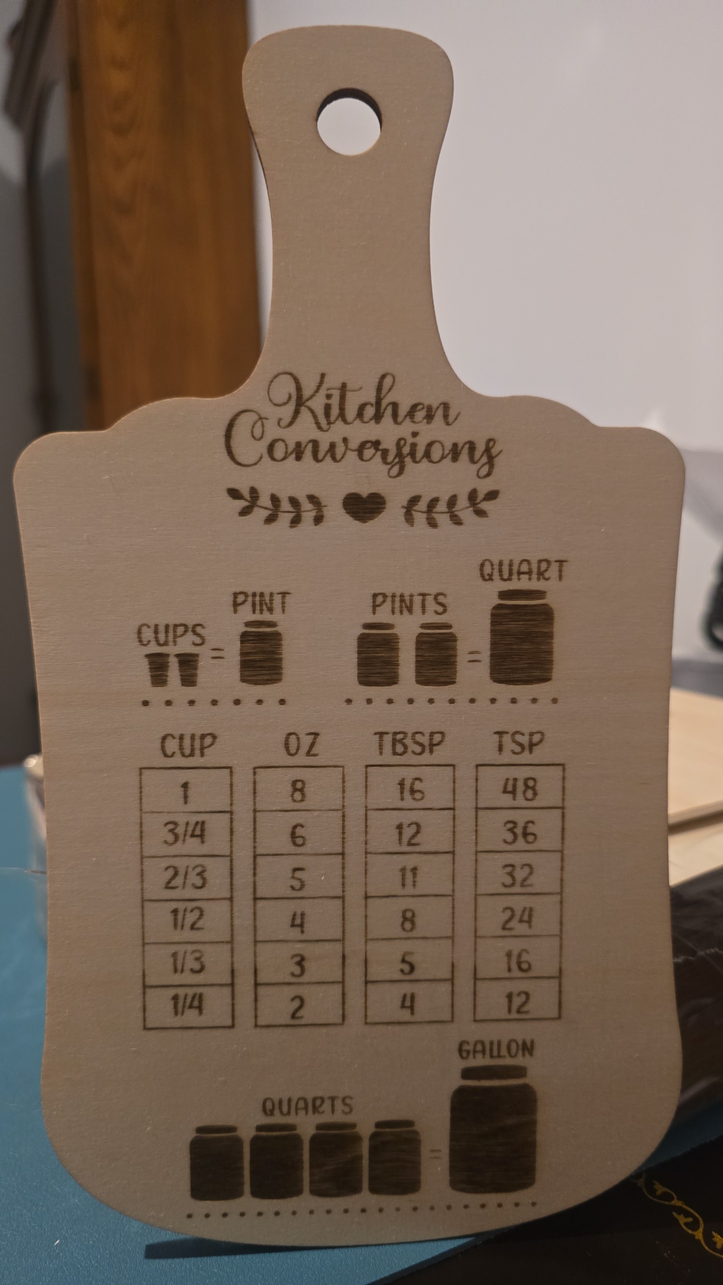 [Laser cut and engrave] Kitchen Conversions Chart on Wooden Cutting Board Shape