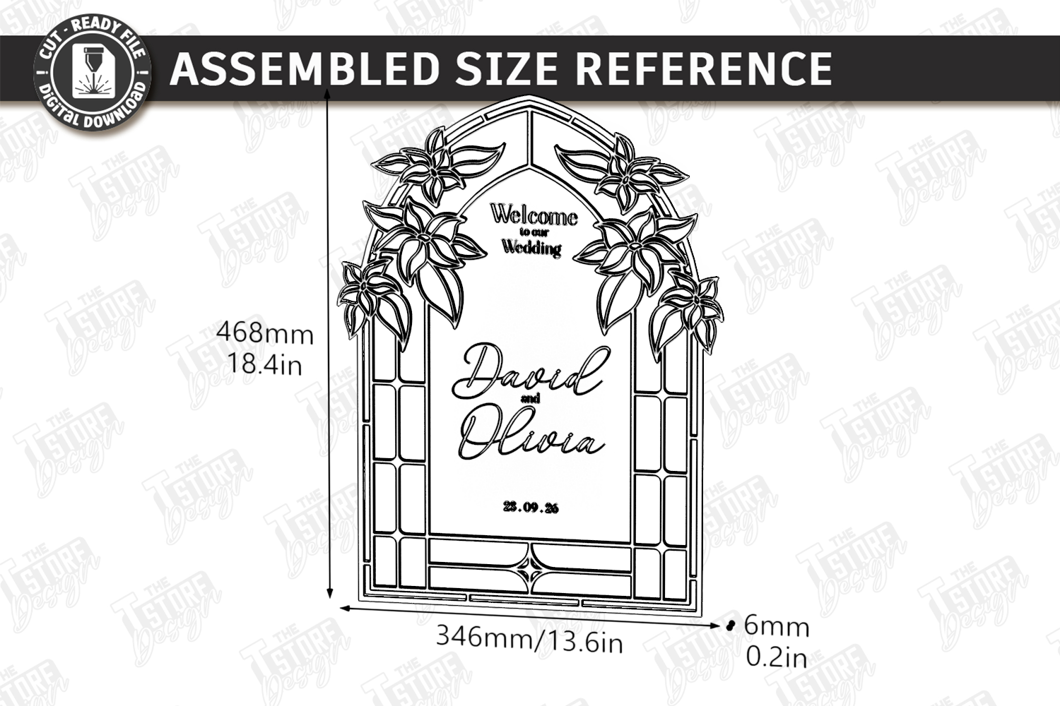 [Laser cut and engrave] Arched Floral Wedding Welcome Sign with Stained Glass Style Frame laser Cut Bundle. Floral Design. Weding Day