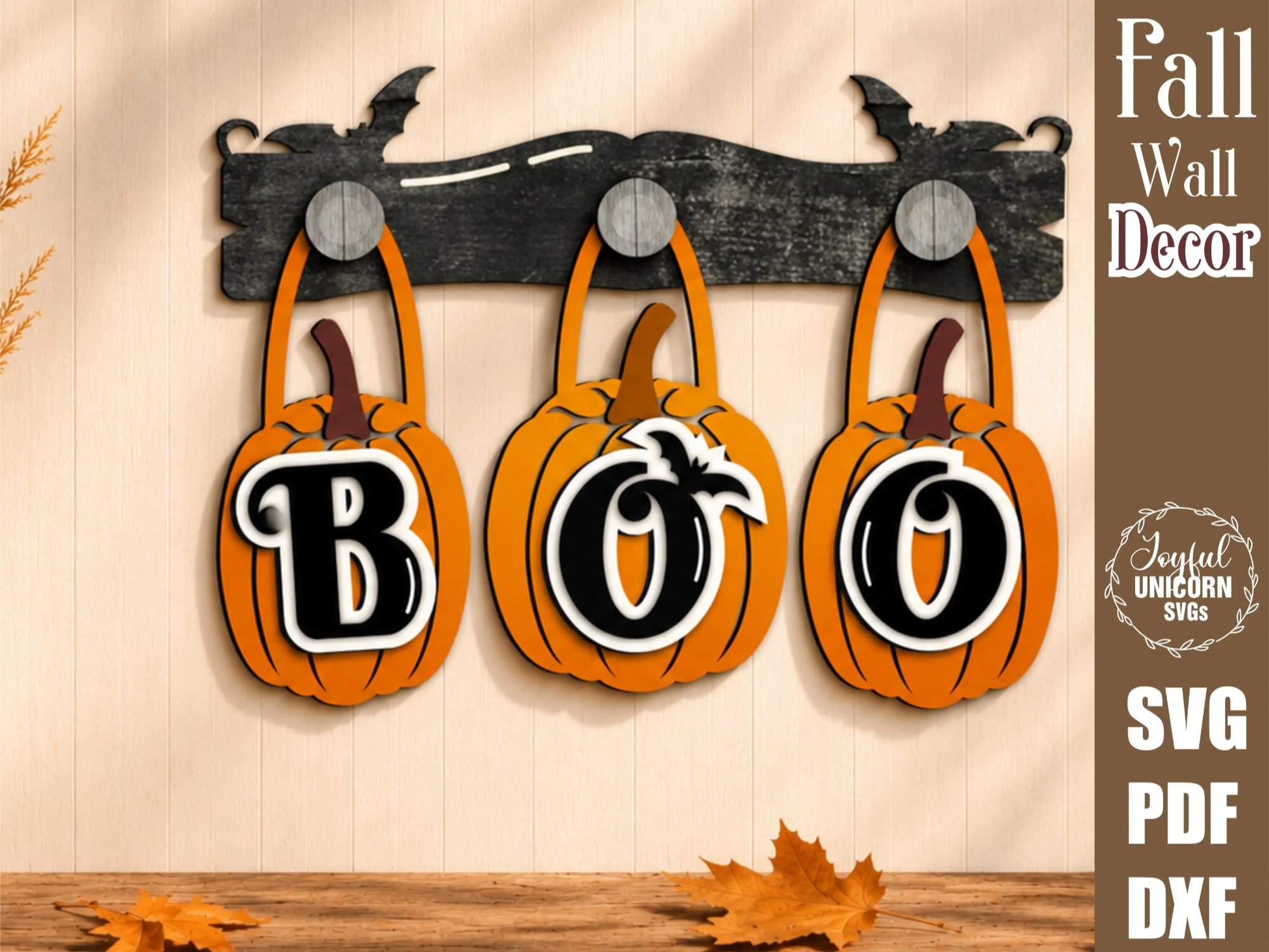 Interchangeable Halloween Wooden Wall Decor SVG, BOO Pumpkin Wall Peg Hanging Set of 3, Pumpkin Wall Hanger, Laser Cut File for Glowforge CNC