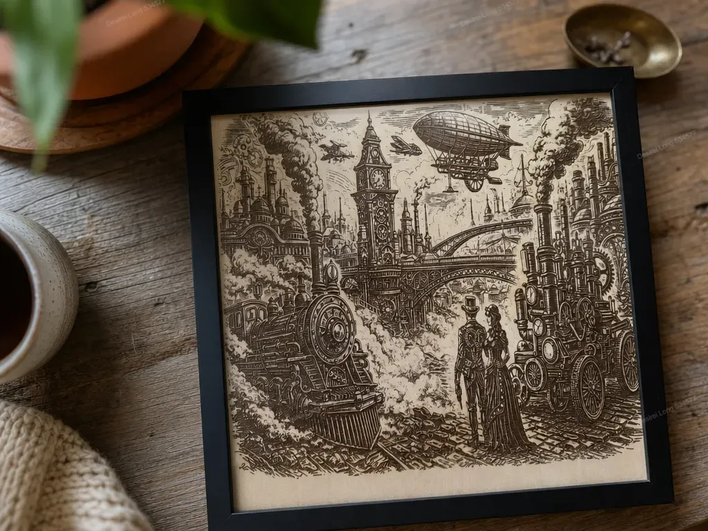 Steampunk Cityscape Wall Art with Train and Airship