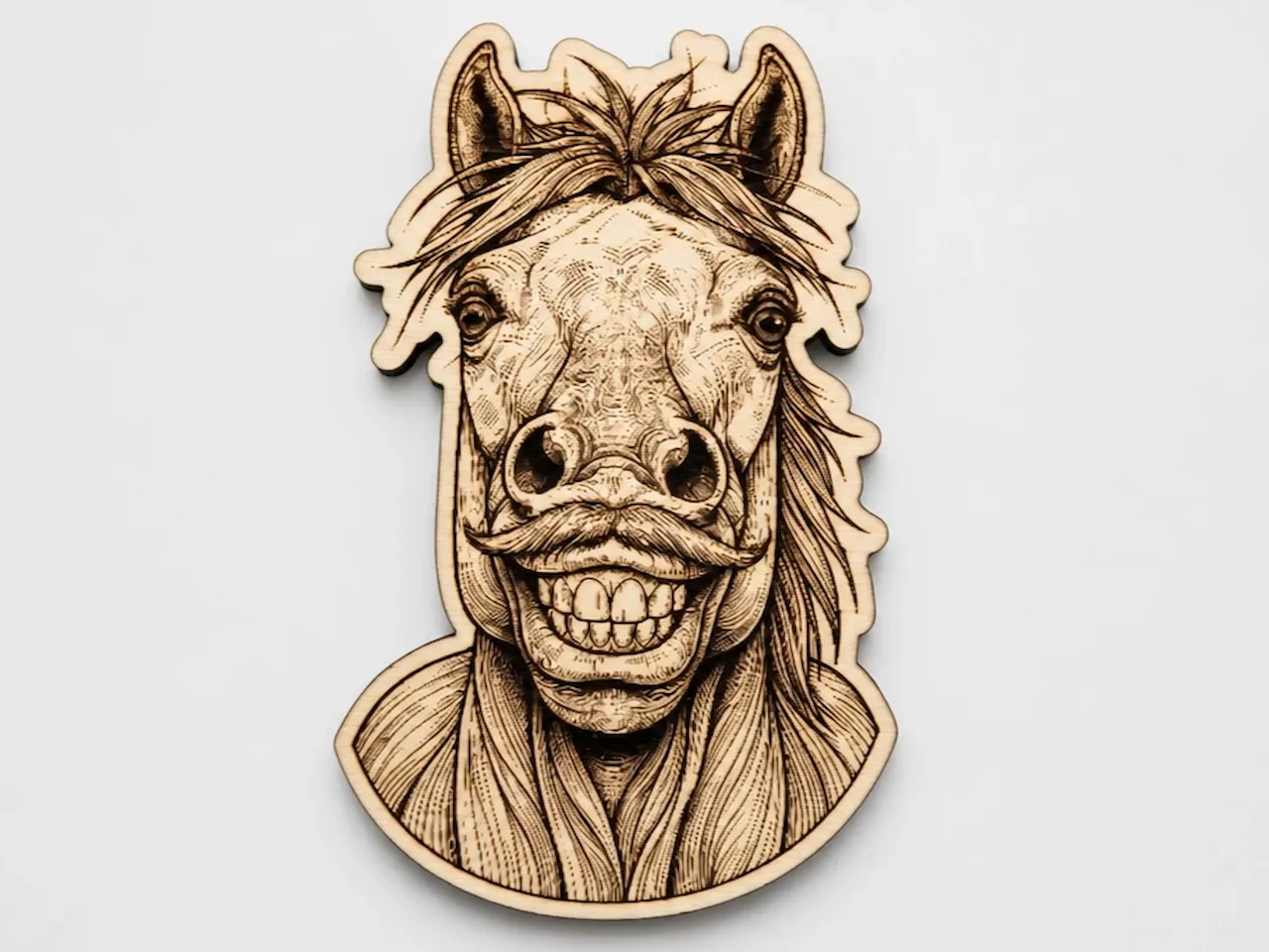 [Laser cut and engrave] Smiling Horse Portrait Wall Hanging with Mustache
