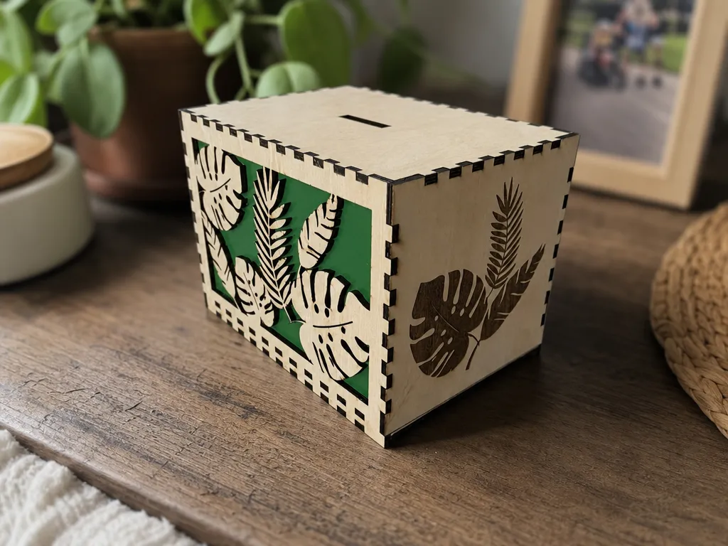 Tirelire en bois avec motif de feuilles tropicales
