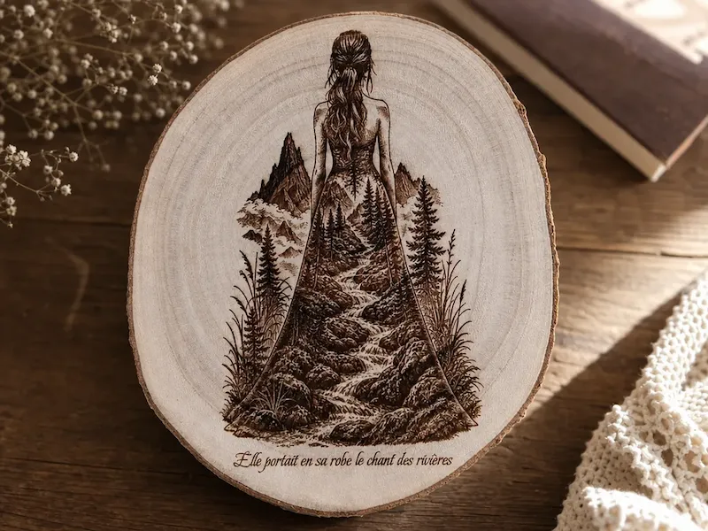 Tranche de bois illustrée d'une femme portant une robe paysage de montagne