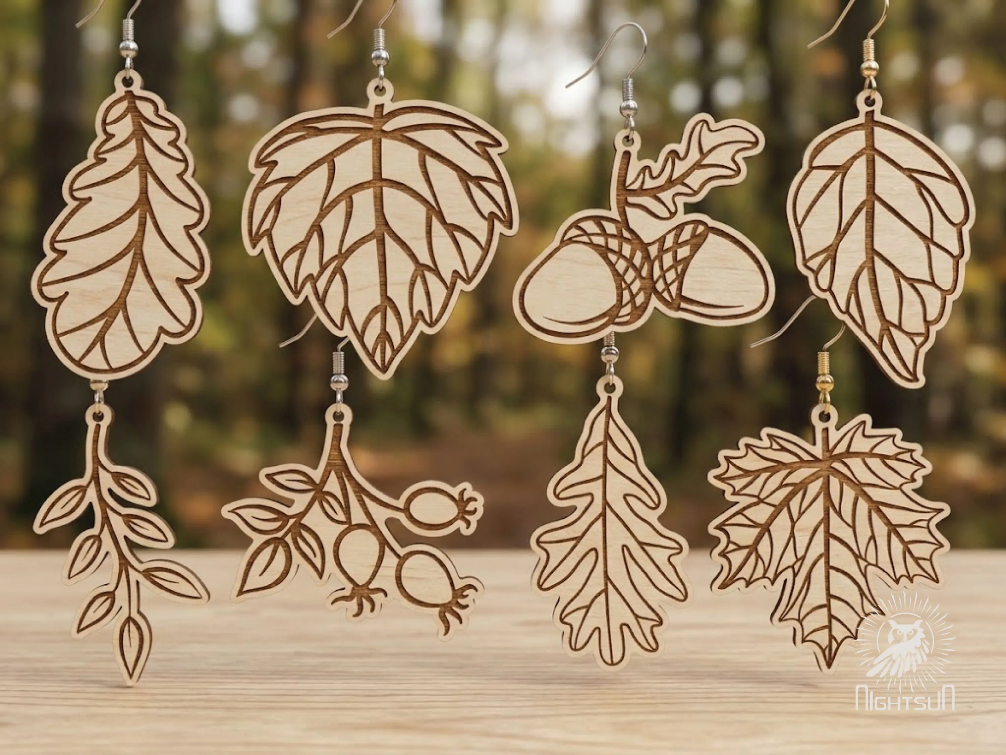 Nature-Inspired Wooden Leaf and Acorn Dangle Earrings