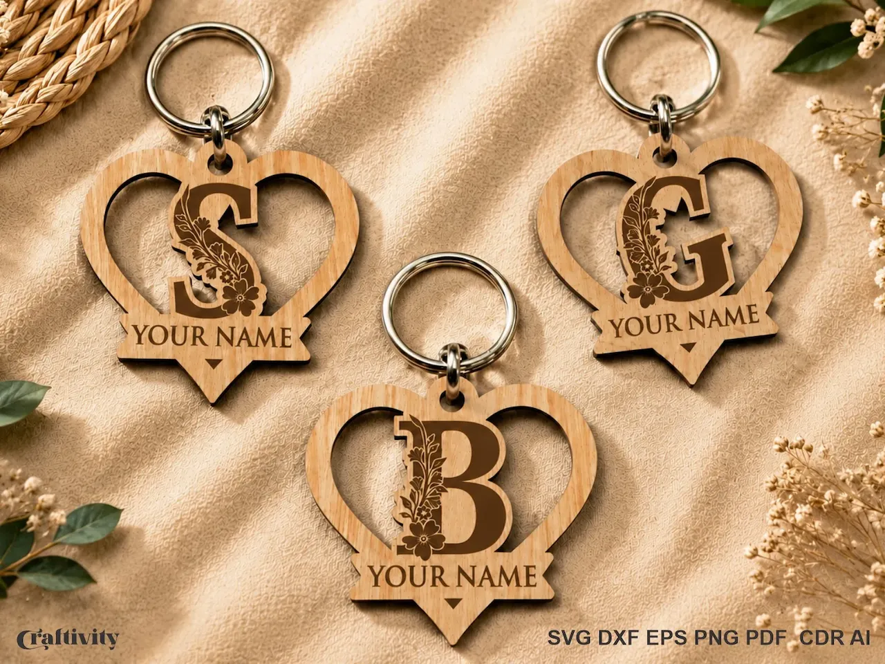 [Laser cut and engrave] Heart Shaped Monogram Keychain with Floral Lettering