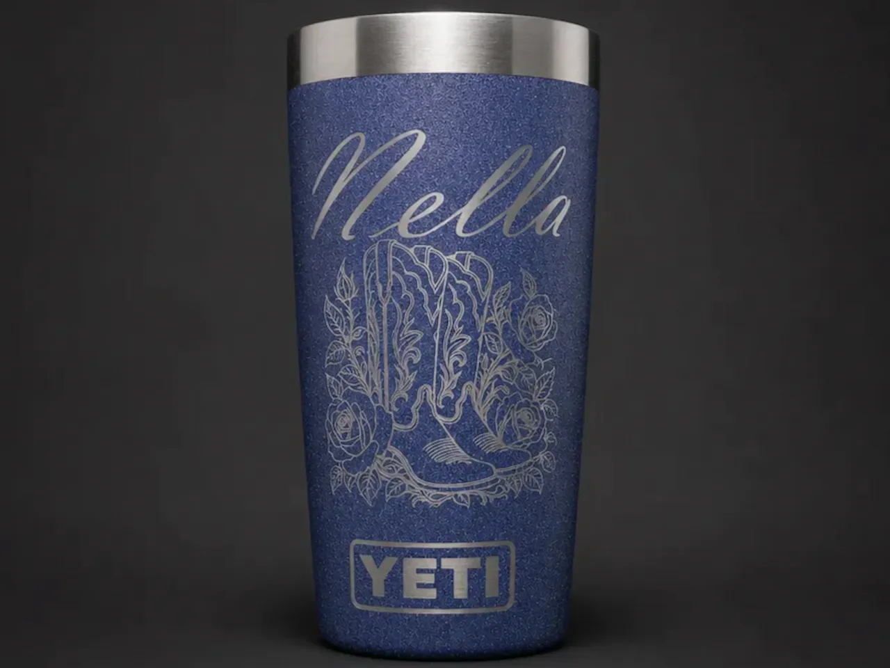 [Laser cut and engrave,Screen printing] Blue Glitter Tumbler with Cowboy Boot and Rose Floral Design