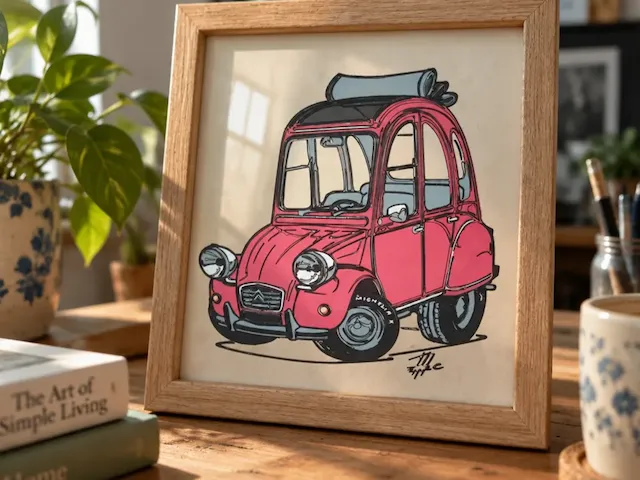 Illustration linéaire d'une voiture Citroën 2CV classique