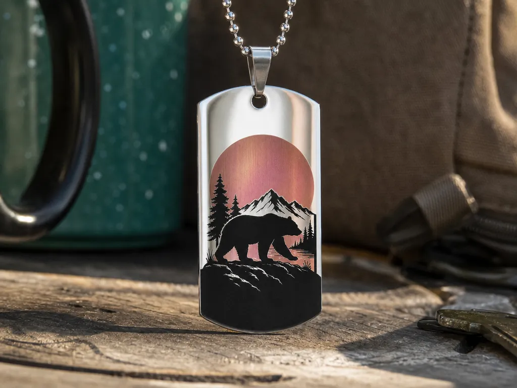 Bear Under a Sunset on a Mountain Landscape Military Dog Tag Necklace or Keychain Color Engraving with stainless steel