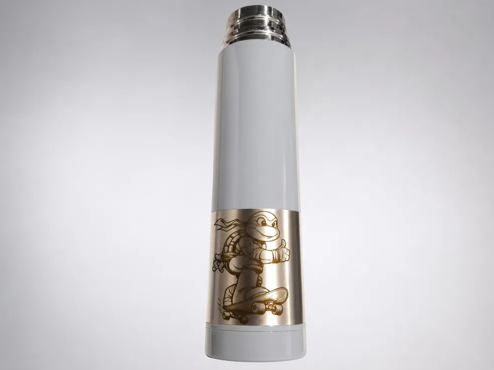 White Insulated Water Bottle Featuring a Teenage Mutant Ninja Turtle Skateboarder