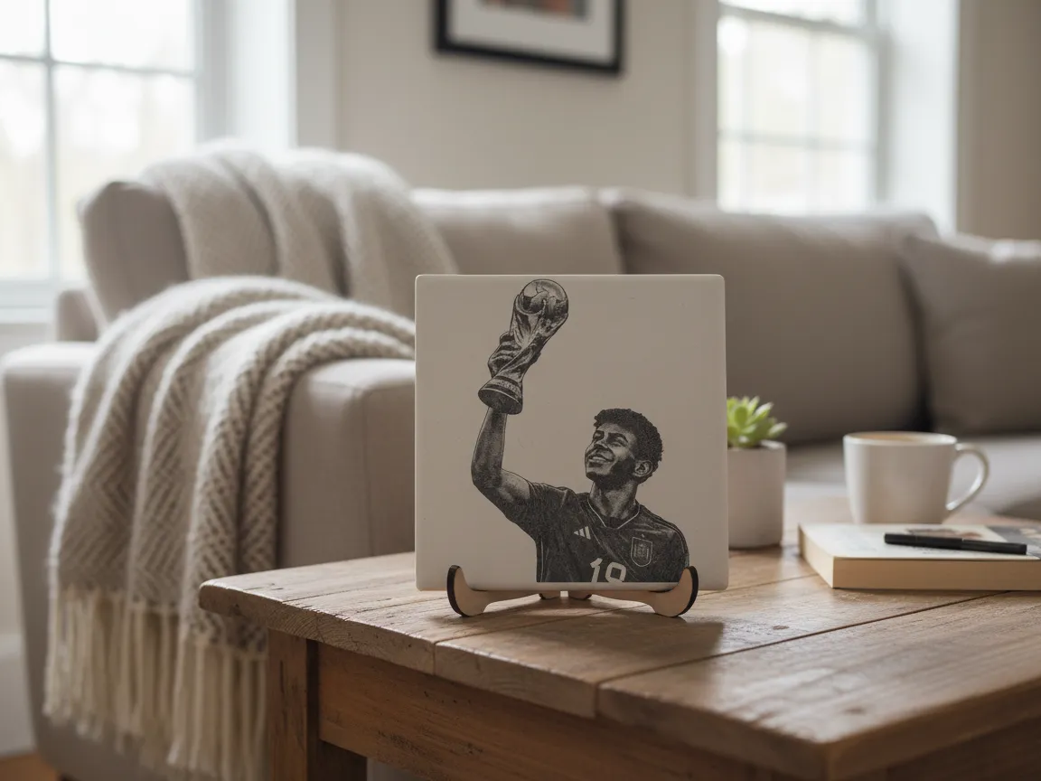 Lamine Yamal  holding Possibly? the World Cup trophy 2026 Square Ceramic Coaster Tile