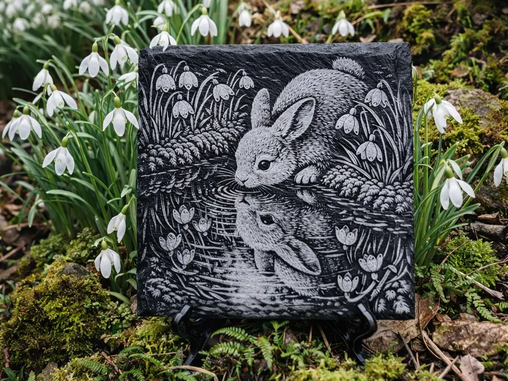 Rabbit & White Bellflowers – Slate Engraving