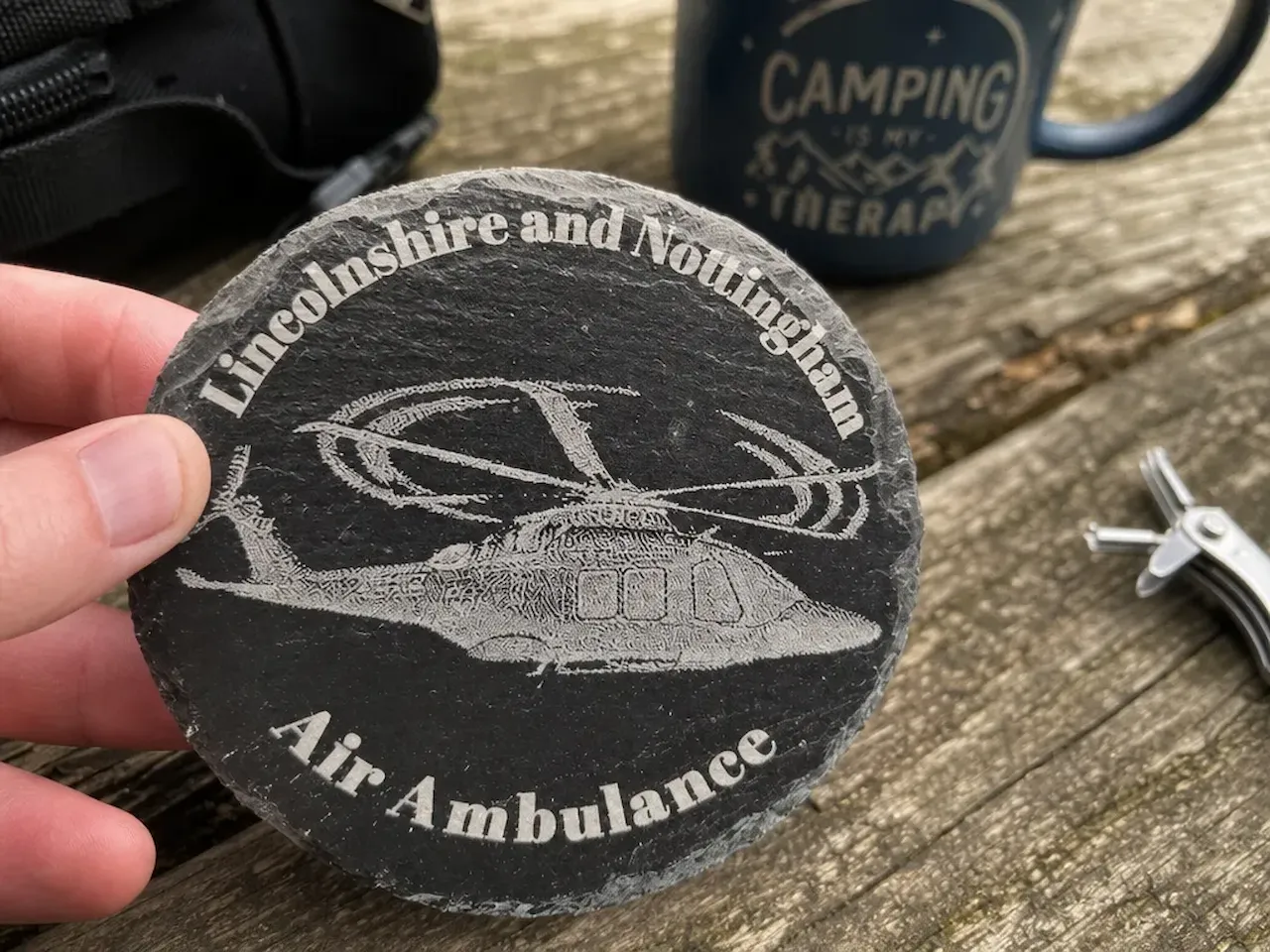 [Laser cut and engrave] Lincolnshire and Nottingham Air Ambulance Slate Coaster