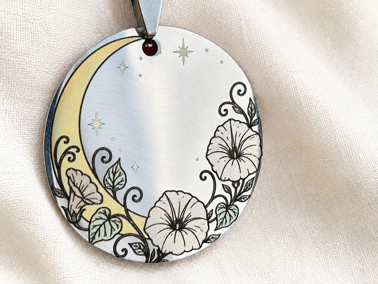 Moon and Morning Glory flowers 304 Stainless Steel Pendant Keychain - Easy Color Engraving