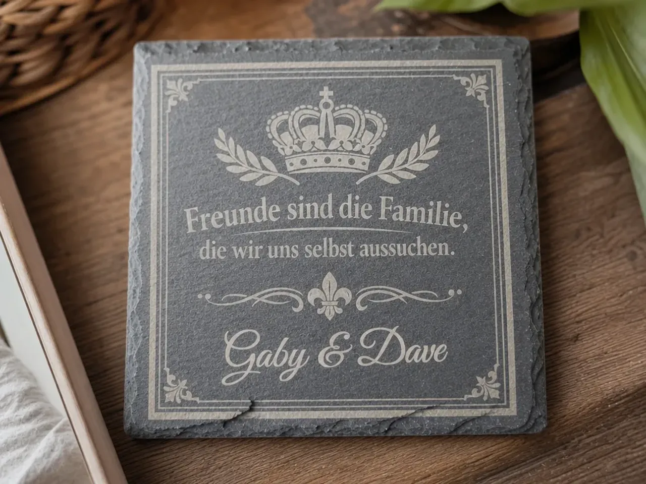 [Laser cut and engrave] Square Slate Coaster with Crown Motif and Personalized Friendship Quote