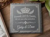 [Laser cut and engrave] Square Slate Coaster with Crown Motif and Personalized Friendship Quote